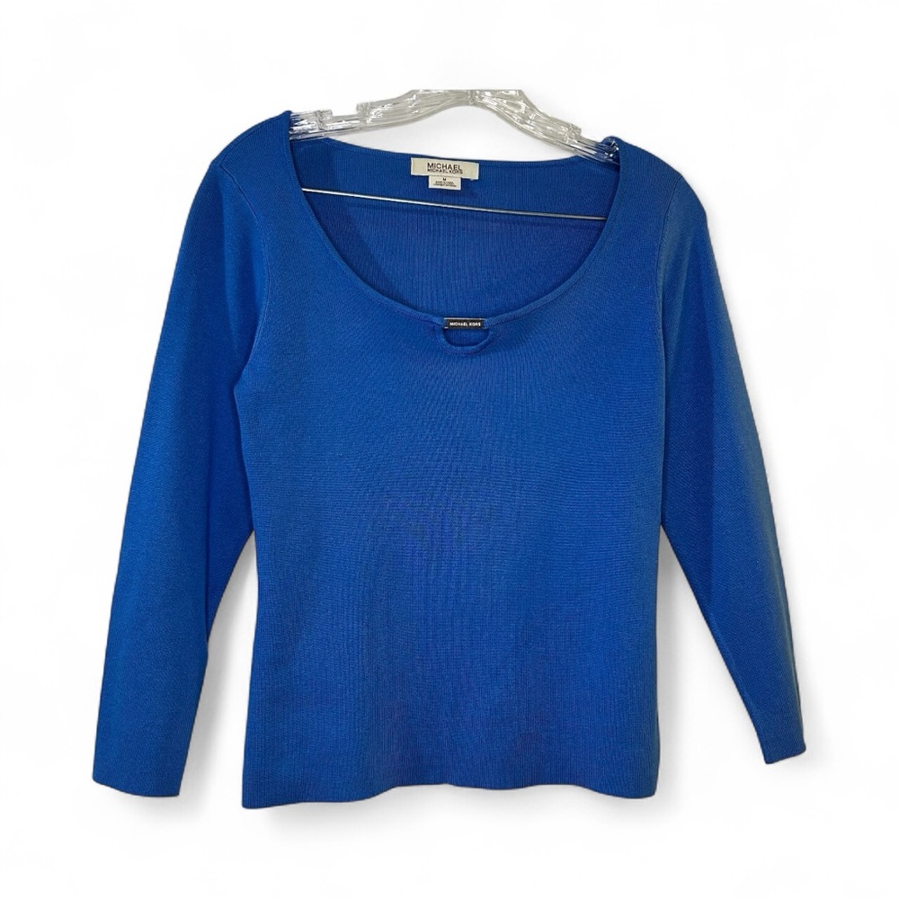 Michael Kors Blue long Sleeve Silk Blend Ribbed Top Medium With Logo Medallion